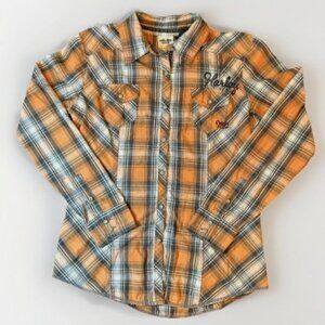 HARLEY DAVIDSON Iconic Script Font Flannel Shirt Womens Med Orange/Black Plaid